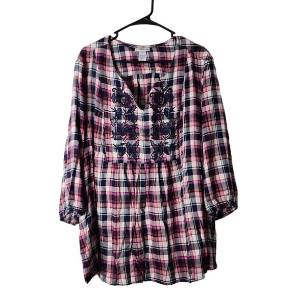 Catherines Blouse Top Plus Size 3X Pink Blue Plaid 3/4 Sleeve Embroidered - Picture 1 of 4